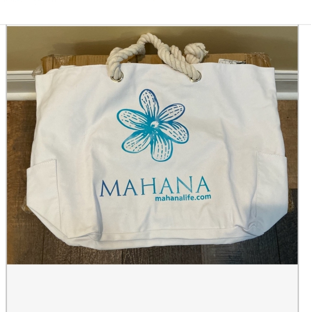 Mahana Canvas Beach Tote with Woven Rope Handles and Flower Motif - Picture 3 of 11